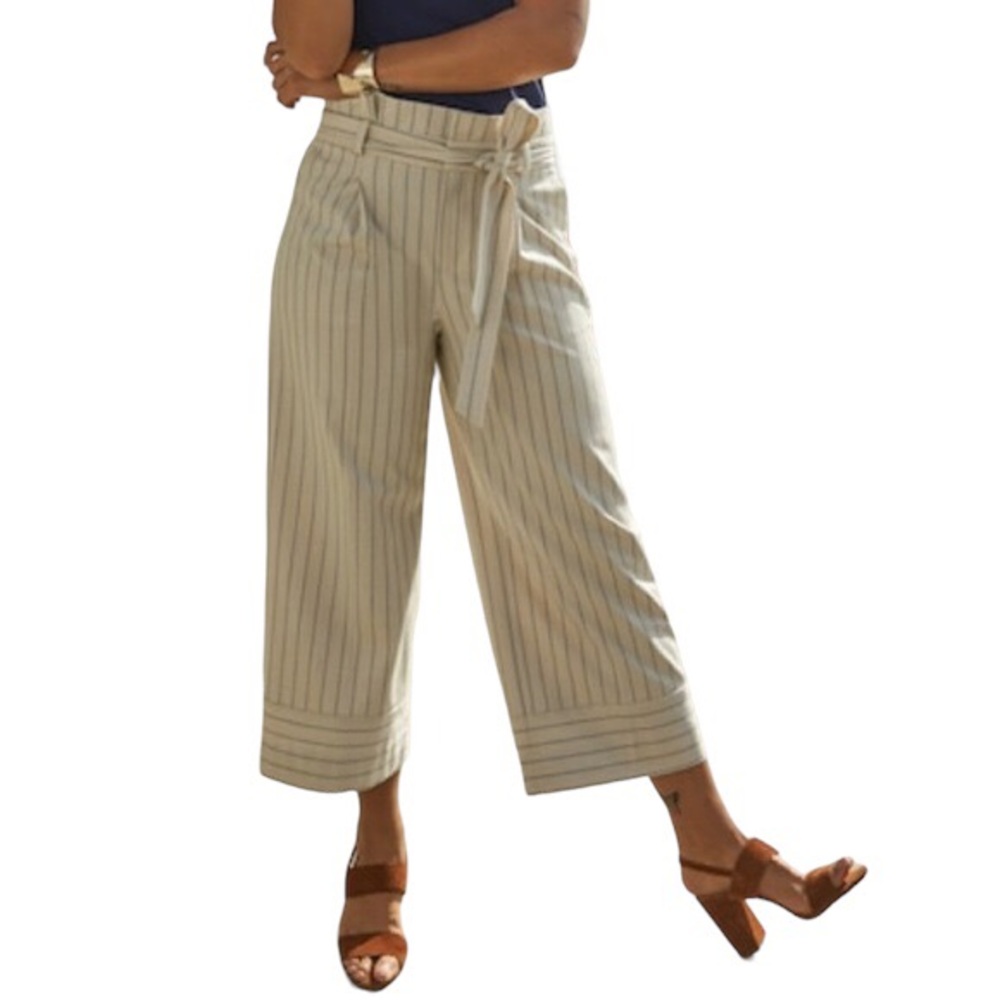 Banana Republic Blake Wide Leg Crop Pants Size 4 Neutral Blue Stripe Career